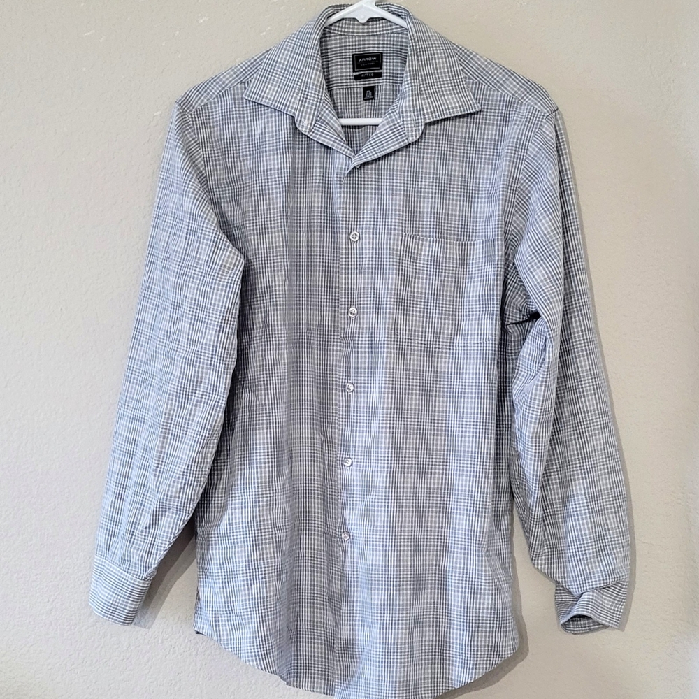 FITTED White/ Gray/ Blue Checkered  Dress Shirt - Picture 2 of 5